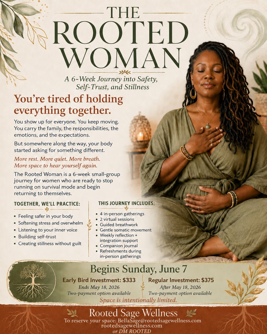 The Rooted Woman — A 6-Week Journey into Safety, Self-Trust, and Stillness. Begins June 7.